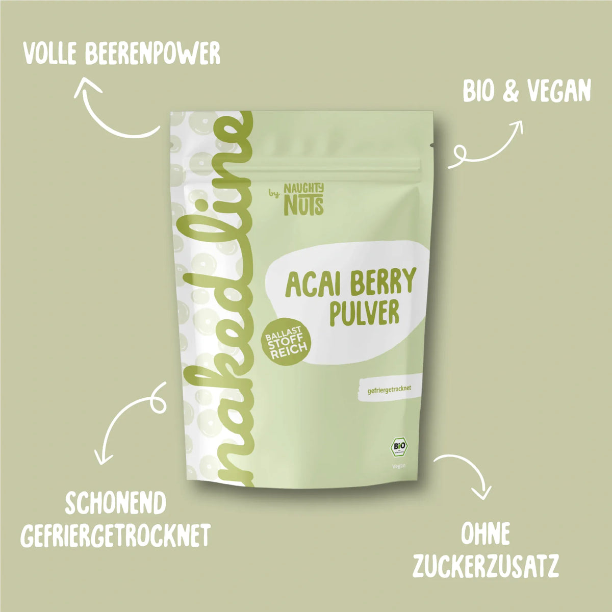 Verpackung von Acai Berry Pulver mit Hinweisen zu Bio-Qualität, veganer Rezeptur und gefriergetrockneter Herstellung