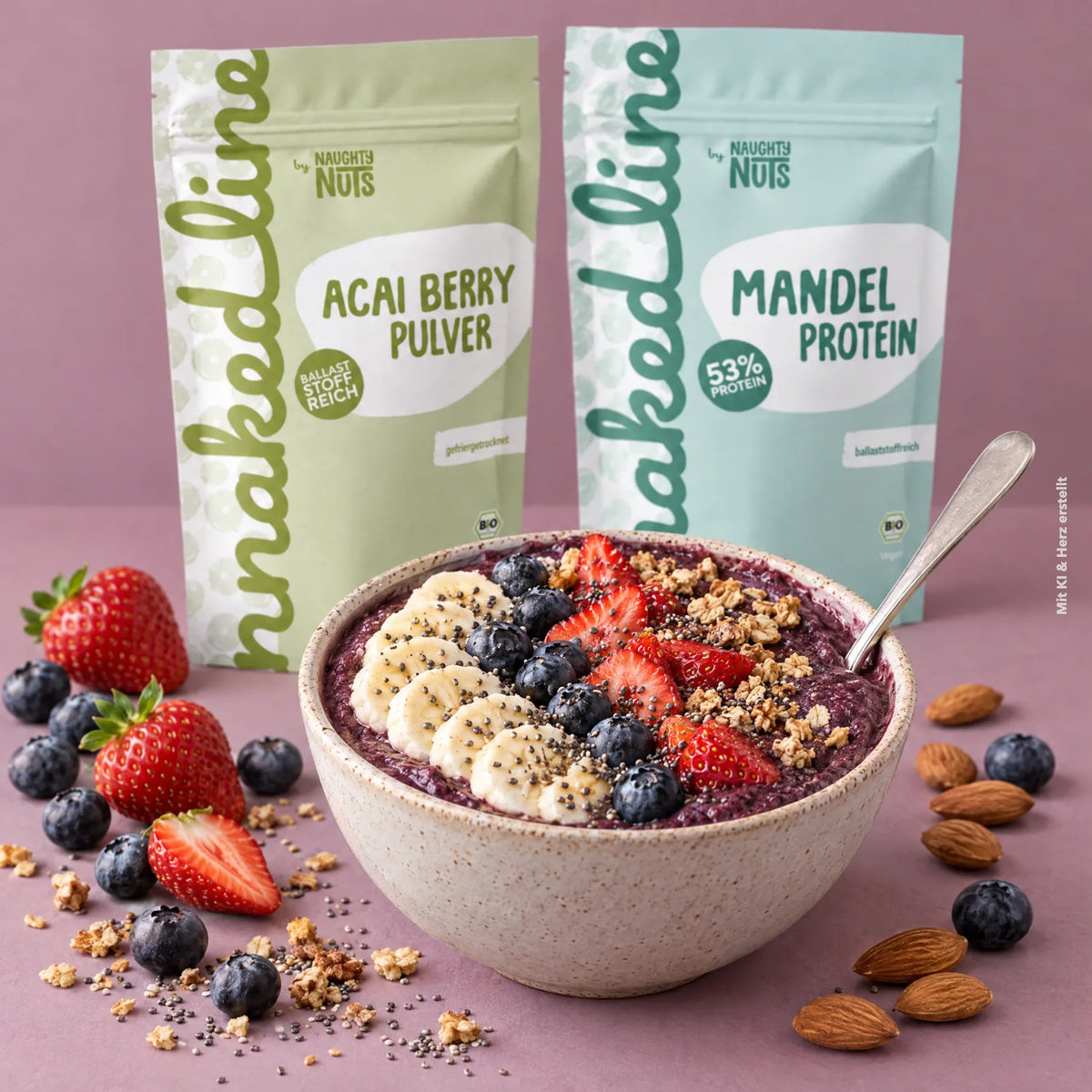 Acai Bowl mit Acai Berry Pulver und Mandelprotein.