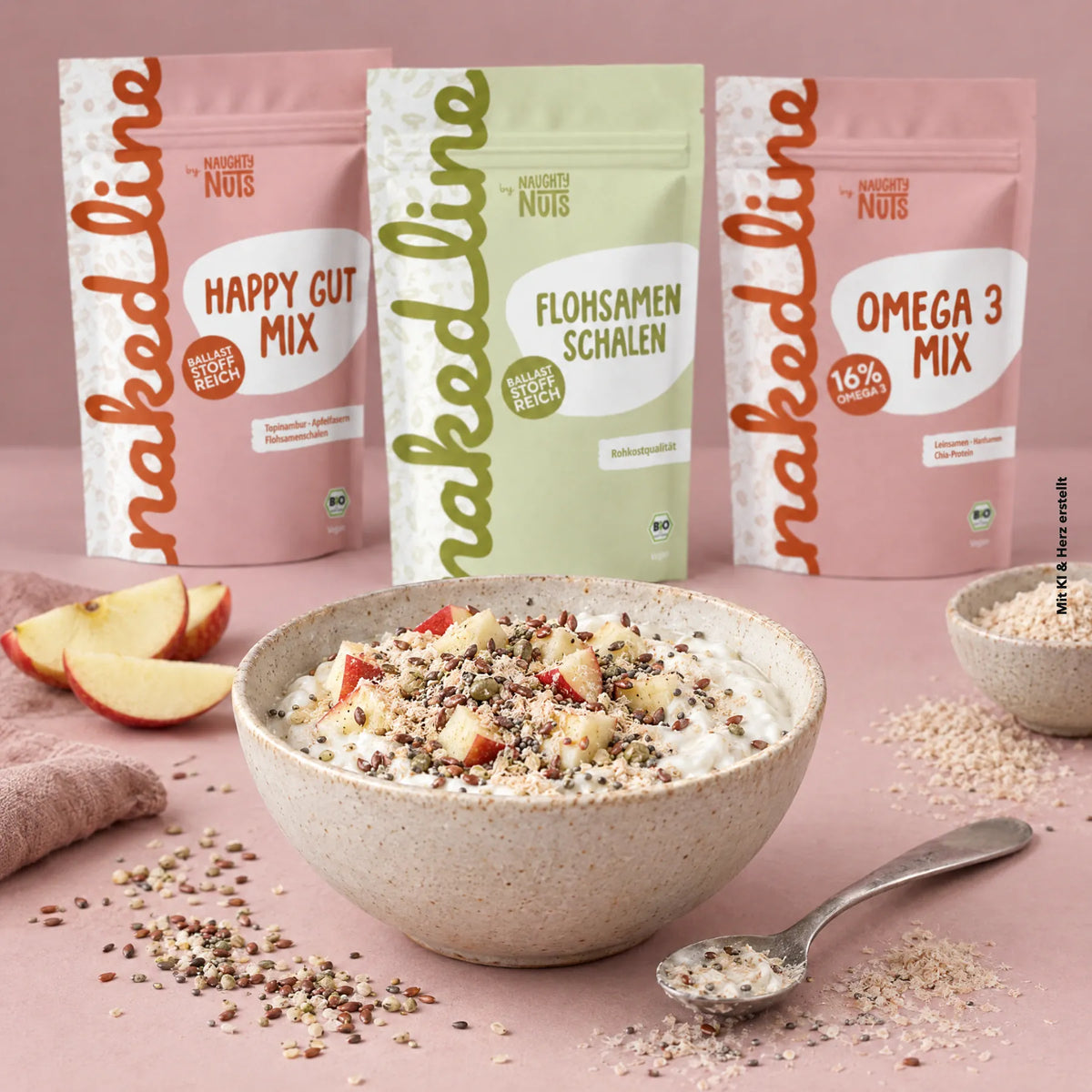 Joghurt-Bowl mit Happy Gut Mix, Flohsamenschalen und Omega 3 Mix.