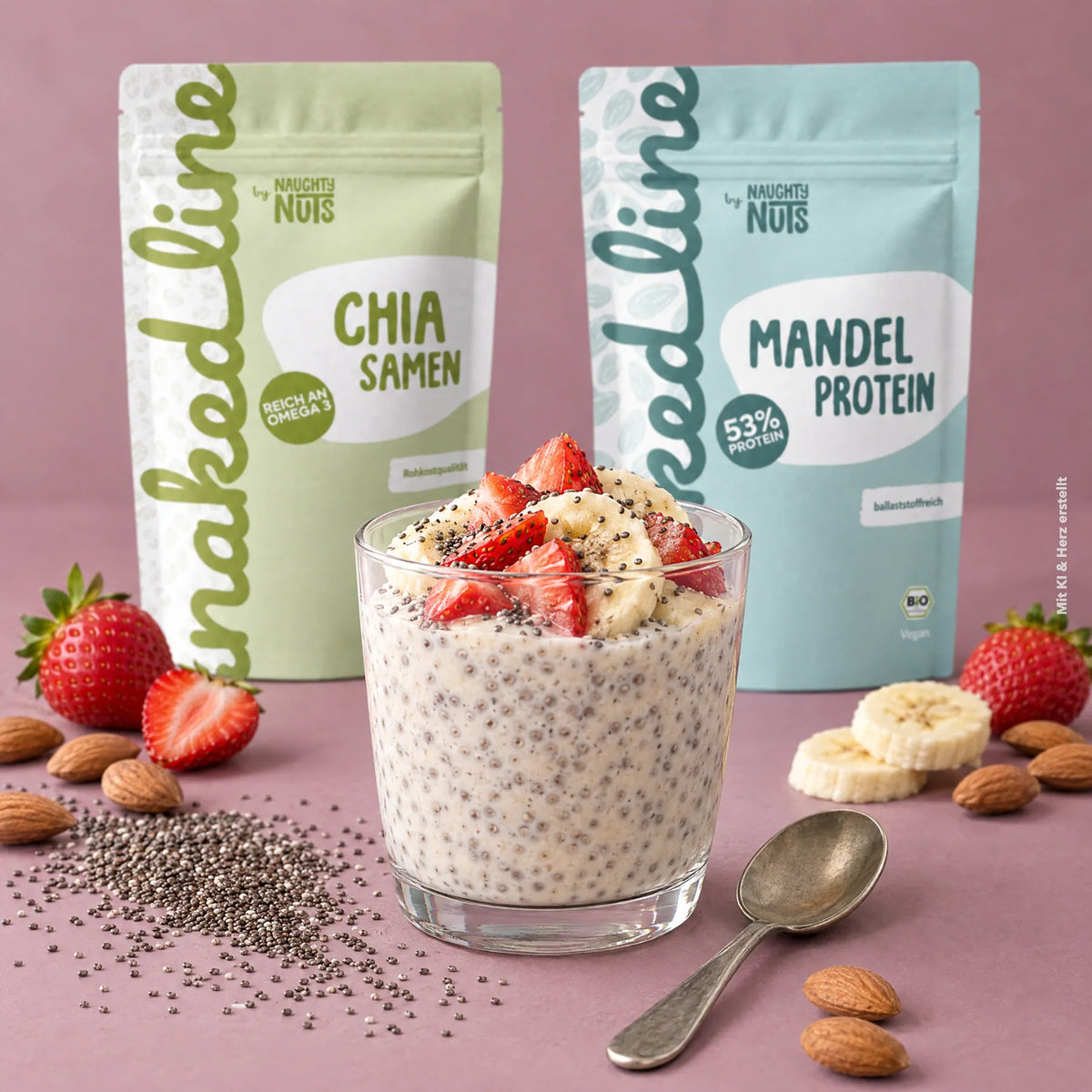 Chia-Pudding mit Chia Samen und Mandelprotein.