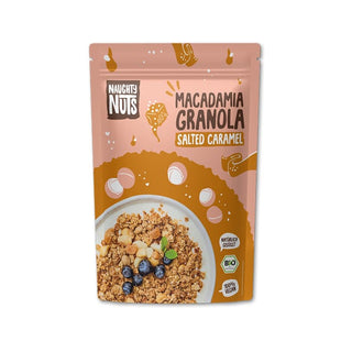 Bio Macadamia Granola Salted Caramel Verpackung mit Schale Granola und Heidelbeeren