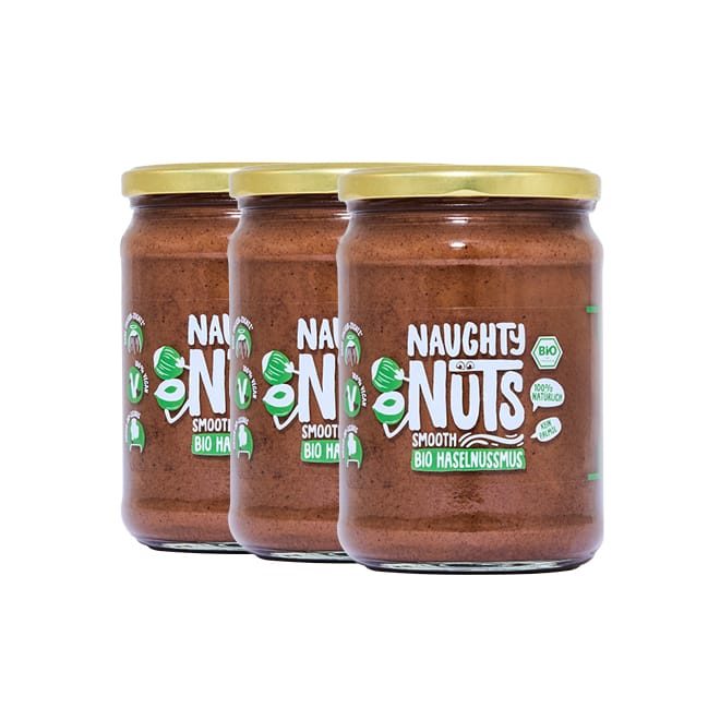Drei Gläser Bio Haselnussmus Smooth (500g Glas) mit goldenen Deckeln und grünen Etiketten
