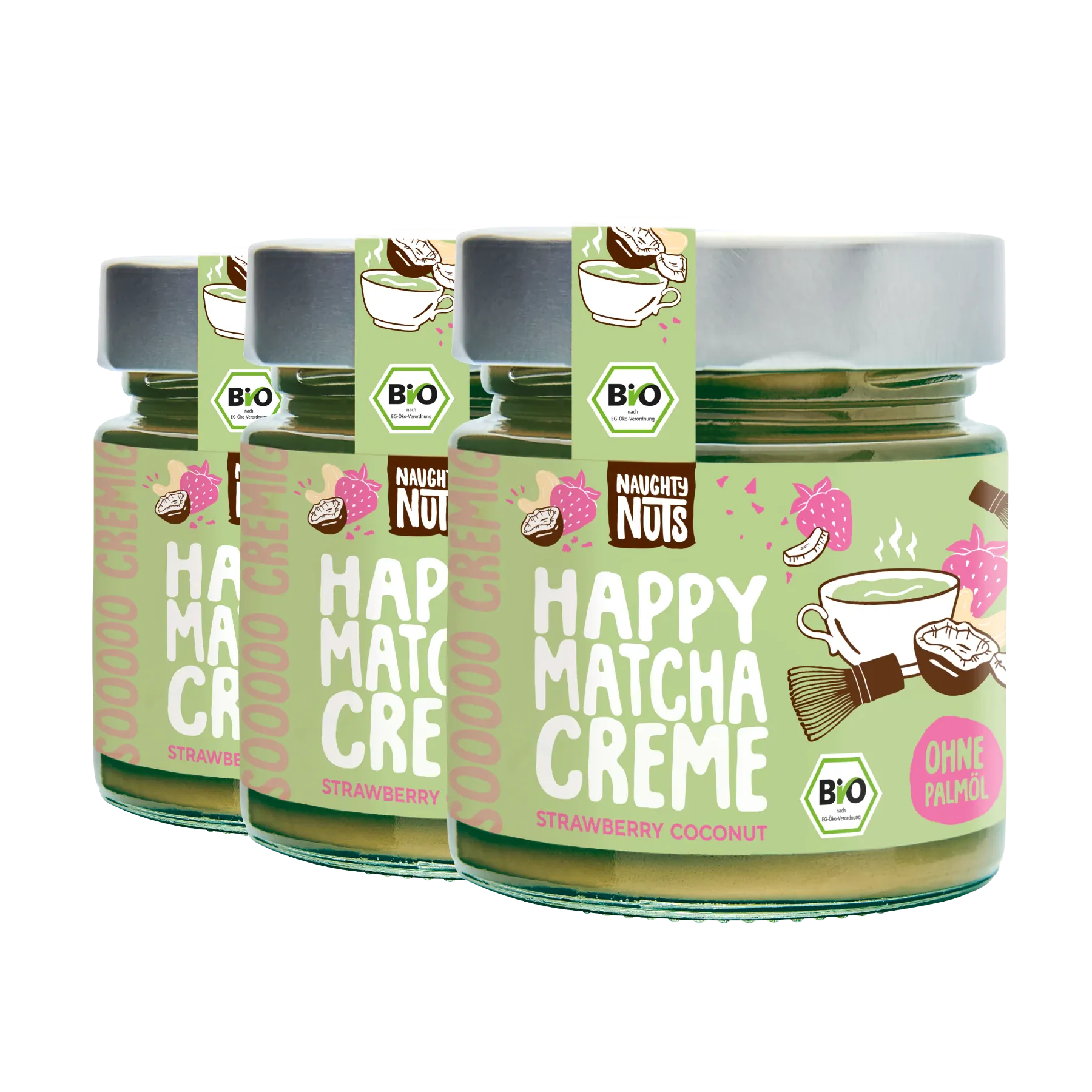 Drei Gläser Happy Matcha Creme Erdbeer-Kokosnuss mit Bio-Siegel und dem Hinweis ohne Palmöl