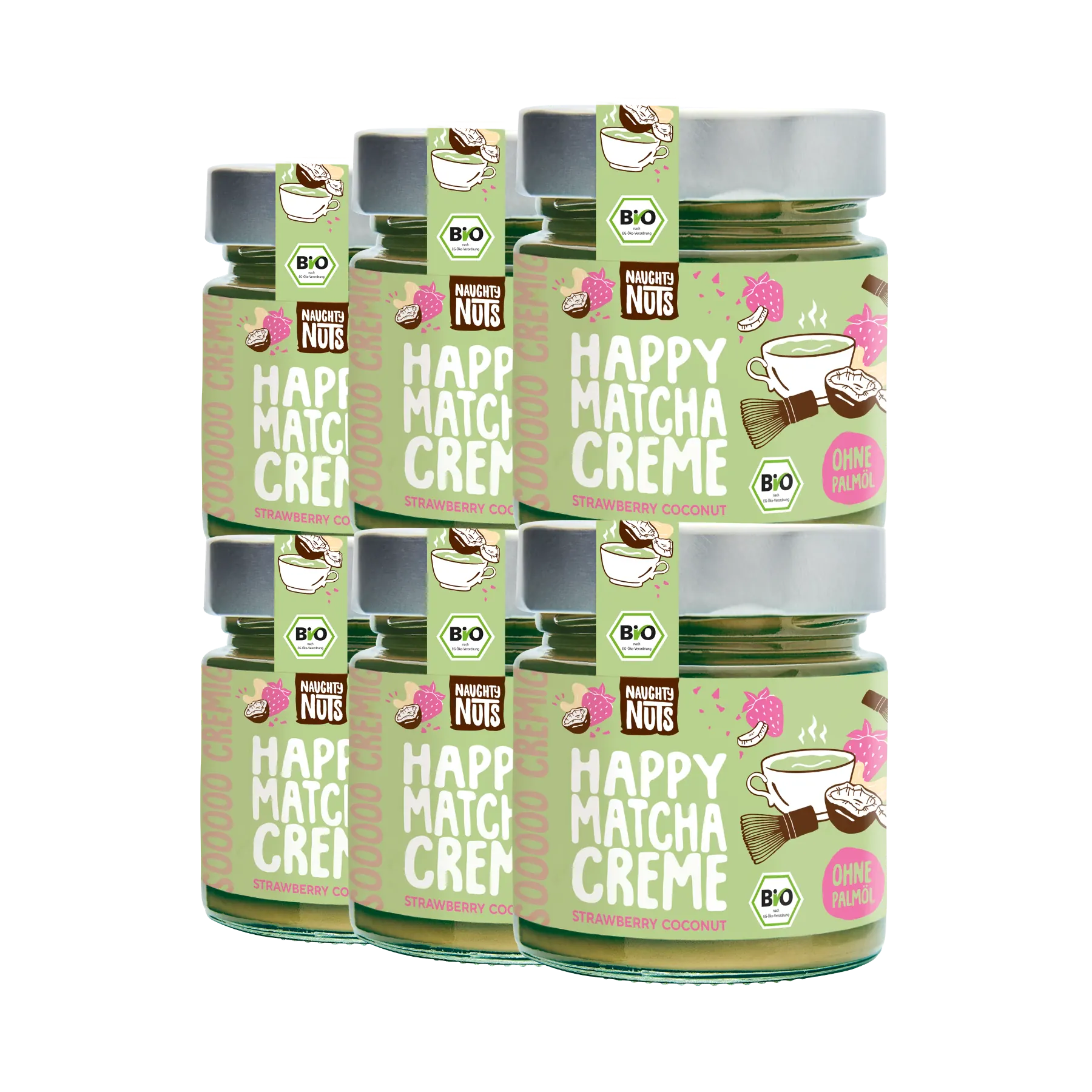 Sechs Gläser Happy Matcha Creme mit Erdbeer-Kokosnuss-Geschmack, Bio-zertifiziert und ohne Palmöl