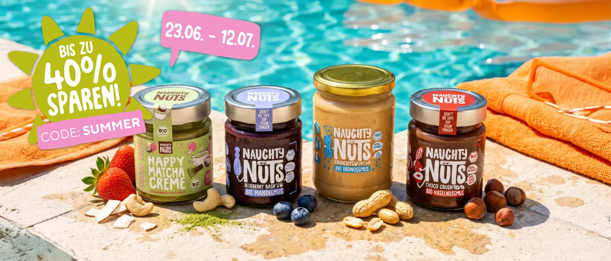 Vier Naughty Nuts Gläser am Poolrand mit Früchten und Nüssen, 40% Rabatt Code SUMMER