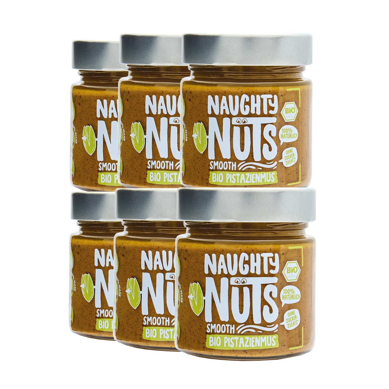 Sechs Gläser Bio Pistazienmus Smooth von Naughty Nuts