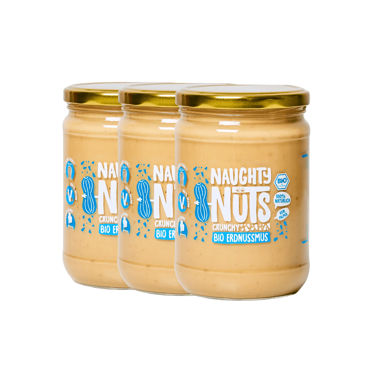 Drei Gläser Bio Erdnussmus Crunchy von Naughty Nuts vor weißem Hintergrund